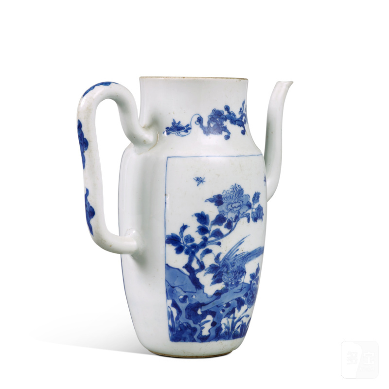 清康熙 青花開光錦堂富貴花蝶圖執壺 - 图2